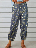 Women’s Retro Elegant Floral Art Printed Cotton And Linen Casual Pants Blue / S