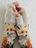 Women's Knit Vintage Christmas Gift Autumn And Winter Maple Leaves Deciduous Fox Art Printing Fingerless Gloves