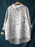 Women’s Vinatge Art Flower Print Casual Cotton And Linen Shirt Multicolor / S