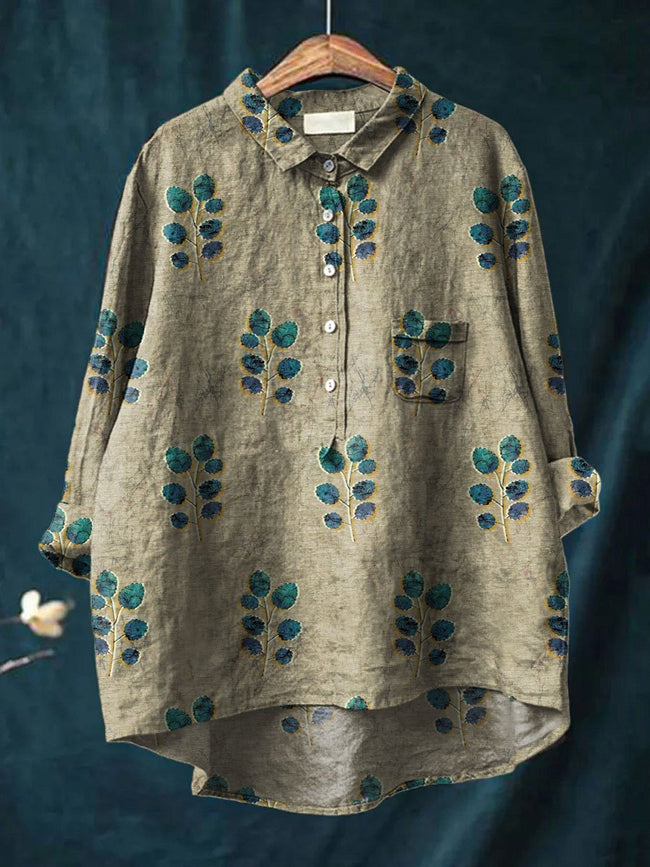 Women's  Flower Print Casual Cotton And Linen Shirt