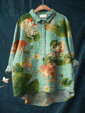 Vintage Lovely Fish Art Print Casual Cotton And Linen Shirt Multicolor / S