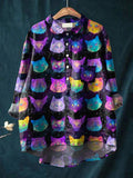 Galaxy And Cats Pattern Printed Women’s Casual Cotton Linen Shirt Multicolor / S