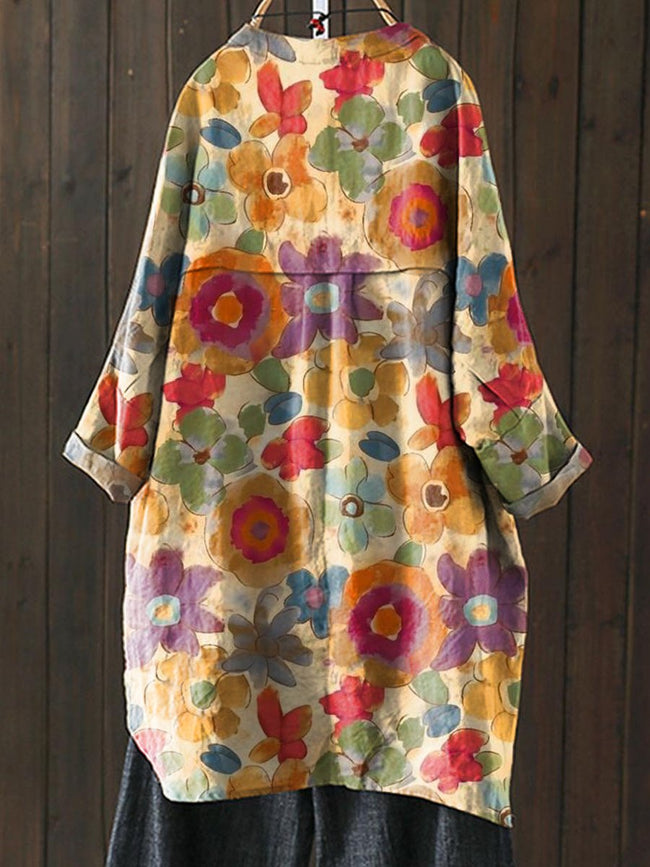 Women’s Colorful Hand-Painted Floral Print Loose Casual Top Jacket