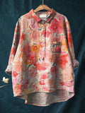 Romantic Watercolor Rose Printed Women’s Casual Cotton And Linen Shirt Multicolor / S