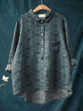 Japanese Geometric Pattern Printed Women’s Casual Cotton And Linen Shirt Darkblue / S