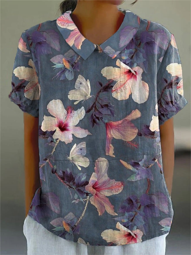 Women’s Elegant Flowers Print Casual Cotton And Linen Shirt Multicolor / S