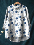 Women’s Cute Little Blue Flower Print Casual Cotton And Linen Shirt Multicolor / S