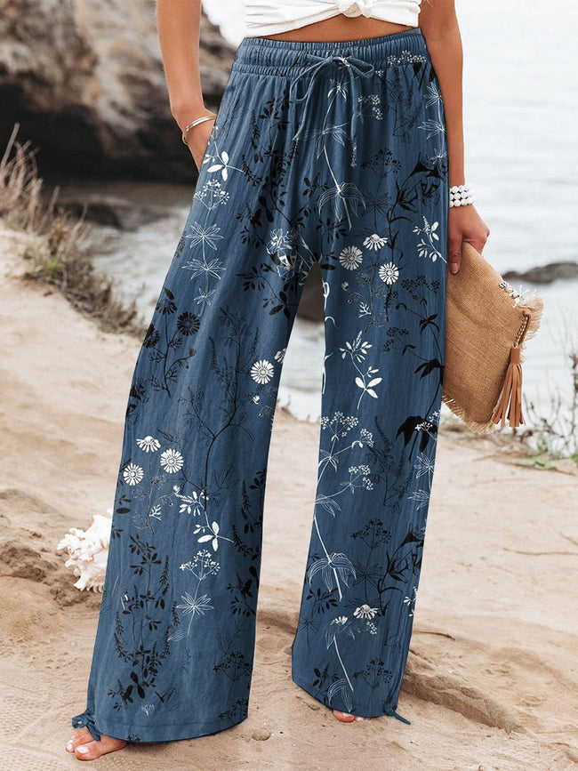 Women's  Daisy  Art Printed Cotton And Linen Casual Pants