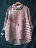 Stripes Pattern Printed Women’s Casual Cotton And Linen Shirt Pink / S