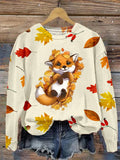 Women's Casual Cute Maple Fox Art Print Sweatshirt