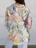 Women’s Colorful Watercolor Art Print Casual Linen V-Neck Shirt