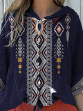 Ethnic Style Geometric Pattern Printed Women’s Hooded Drawstring Linen Casual Blouse