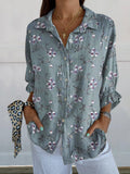 Women’s Floral Art Print Casual Linen V-Neck Shirt Multicolor / S