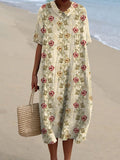 Women’s Vintage Rose Print Pocket Linen Dress（Convertible Dress With Front And Back Option）