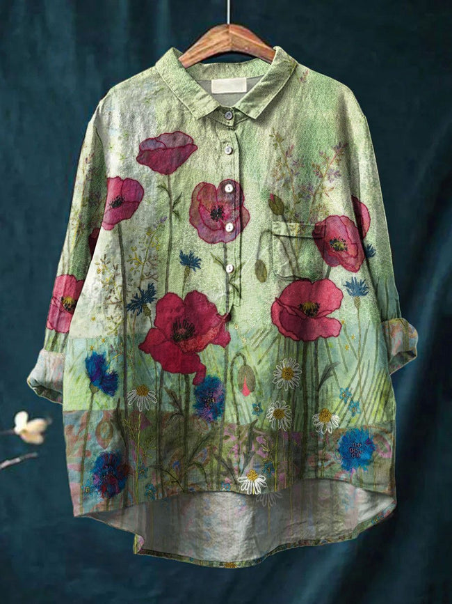 Women’s Vintage Flower Art Print Casual Cotton And Linen Shirt Multicolor / S