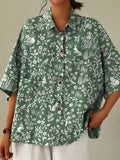 Green Woodland Pattern Printed Women’s Casual Cotton Linen Shirt / S