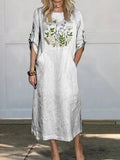 Embroidery Style Floral Bush Pattern Printed Women’s Comfortable Linen Pocket Dress White / S