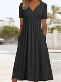 Women’s Half Sleeve V-Neck Solid Color Pockets Midi Dress Black / S