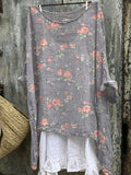 Vintage Style Rose Repeat Pattern Printed Women’s Casual Linen Cotton Pullover Top Multicolor /