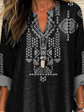 Ethnic Style Summer Geometric Pattern Printed Women’s Casual Linen V-Neck Shirt