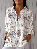 Women’s Fresh Floral Print Casual Linen V-Neck Shirt Multicolor / S