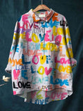 Women’s Love Art Print Casual Cotton And Linen Shirt Multicolor / S