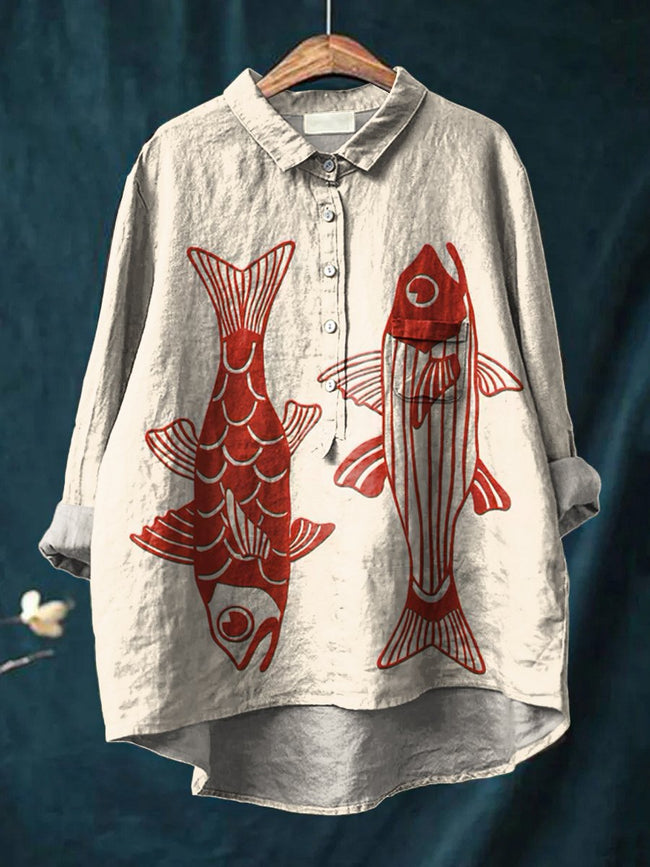 Women’s Red Fish Vintage Art Print Casual Cotton And Linen Shirt Multicolor / S