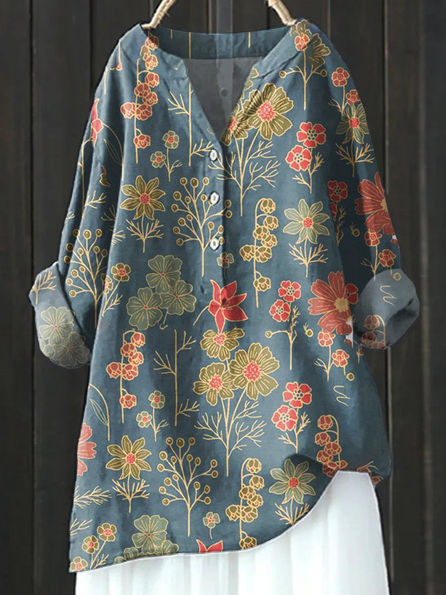 Women’s Floral Art Print Casual Cotton And Linen Shirt Multicolor / S