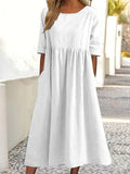 Cotton And Linen Casual Short Sleeve Pocket Pleated Loose Round Neck Dress White / S