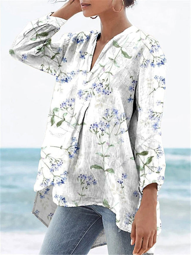 Women’s Blue Floral Print On White Background Casual Linen V-Neck Shirt Multicolor / S