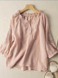 Embroidery Flower Cotton And Linen V-Neck Seventh Sleeve Blouse Pink / M