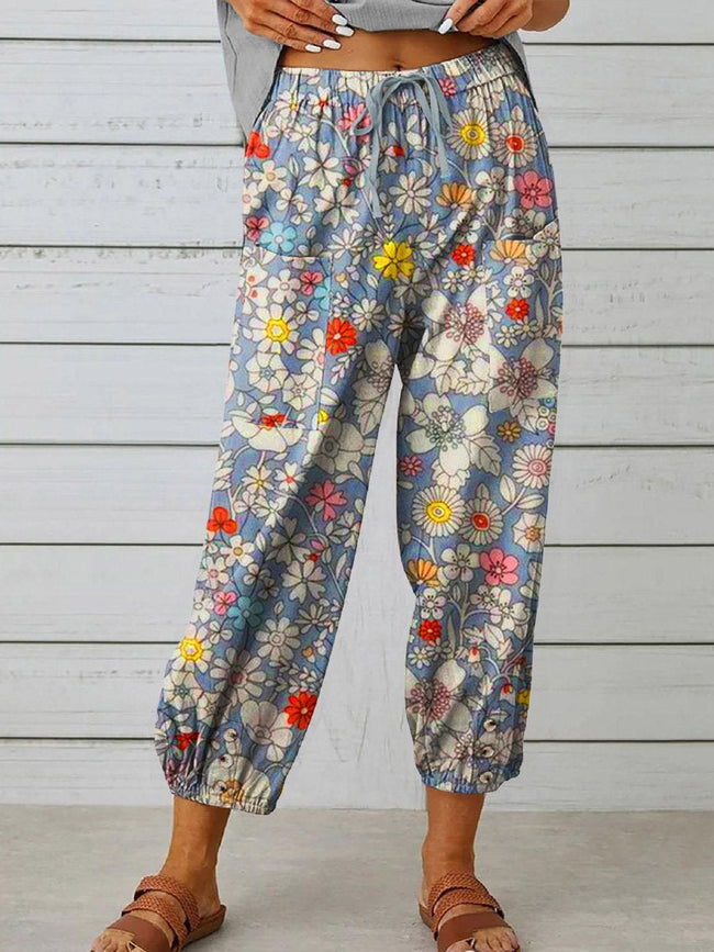 Women’s Floral Art Printed Cotton And Linen Casual Pants Multicolor / S