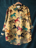 Horse Art Printed Women’s Casual Cotton And Linen Shirt Multicolor / S