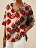 Women’s Vintage Lovely Strawberry Art Print Casual Linen V-Neck Shirt Multicolor / S