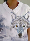 Women’s Wolf Print Casual Cotton And Linen Shirt