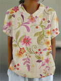 Women’s Flowers And Leaves Casual Cotton Linen Shirt Sand / S