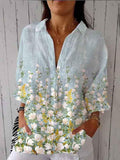 Women’s White And Yellow Small Floral Print On Blue Background Casual Linen V-Neck Shirt