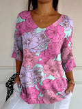 Line Drawing Pink Rose Pattern Printed Women’s Casual Pullover Knit