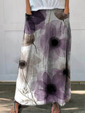 Women’s Vintage Lovely Floral Art Printed Linen Pocket Skirt