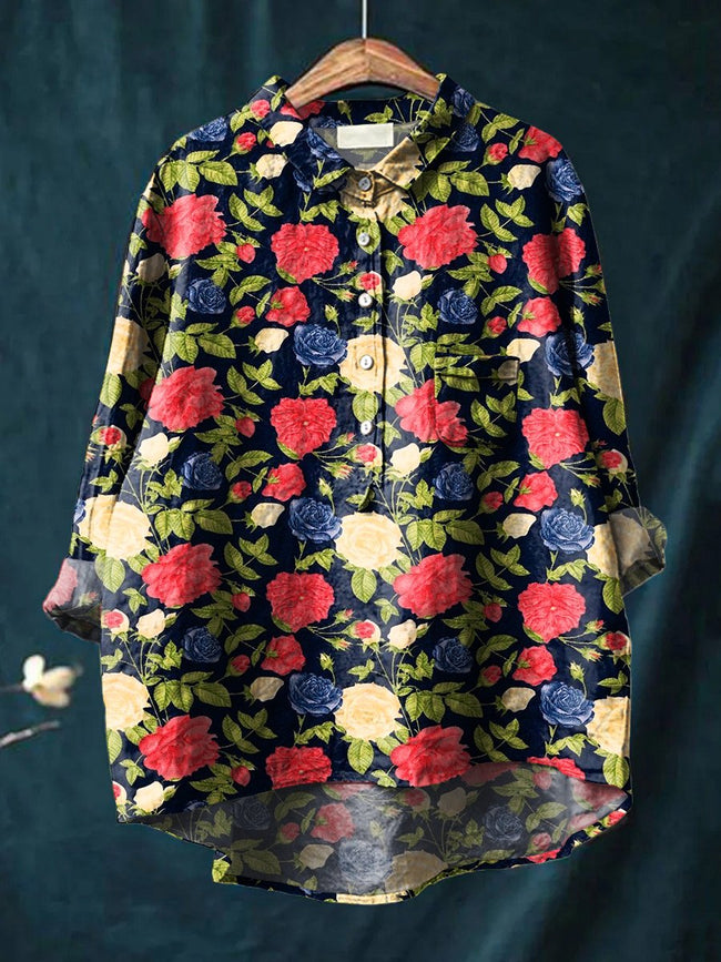 Women’s Floral Art Print Casual Cotton And Linen Shirt Multicolor / S