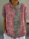 Women’s Pink Pattern Print Casual Cotton And Linen Shirt Multicolor / S