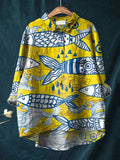 Summer Sea Fish Pattern Printed Women’s Casual Cotton And Linen Shirt Multicolor / S