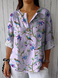 Watercolor Summer Bird And Floral Pattern Printed Women’s Casual Cotton Linen Shirt Multicolor / S