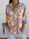 Orange Dreamy Flower Print Women’s Casual Linen V-Neck Shirt Multicolor / S