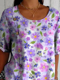 Watercolor Spring Floral Pattern Printed Women’s Casual Cotton Shirt