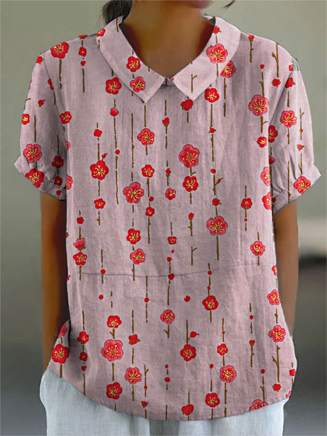 Women’s Flower Print Casual Cotton And Linen Shirt Multicolor / S