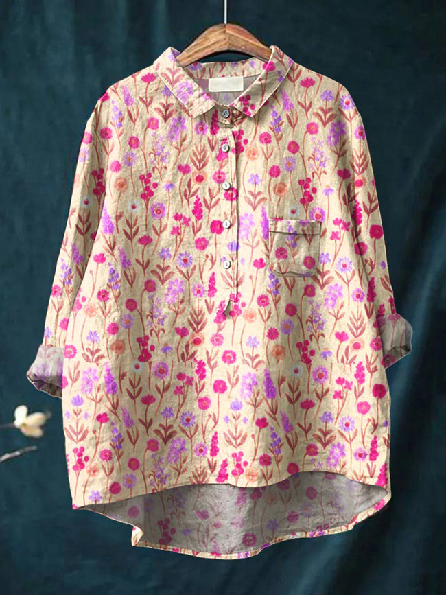 Women’s Floral Art Print Casual Cotton And Linen Shirt Multicolor / S