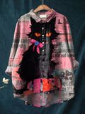 Vintage Funny Cat Art Print Casual Cotton And Linen Shirt Multicolor / S