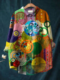 Women’s Colorful Circular Illustration Print Casual Cotton And Linen Shirt Multicolor / S