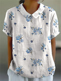 Petite Buttercup Floral Pattern Printed Women’s Casual Cotton And Linen Shirt Whiteblue / S